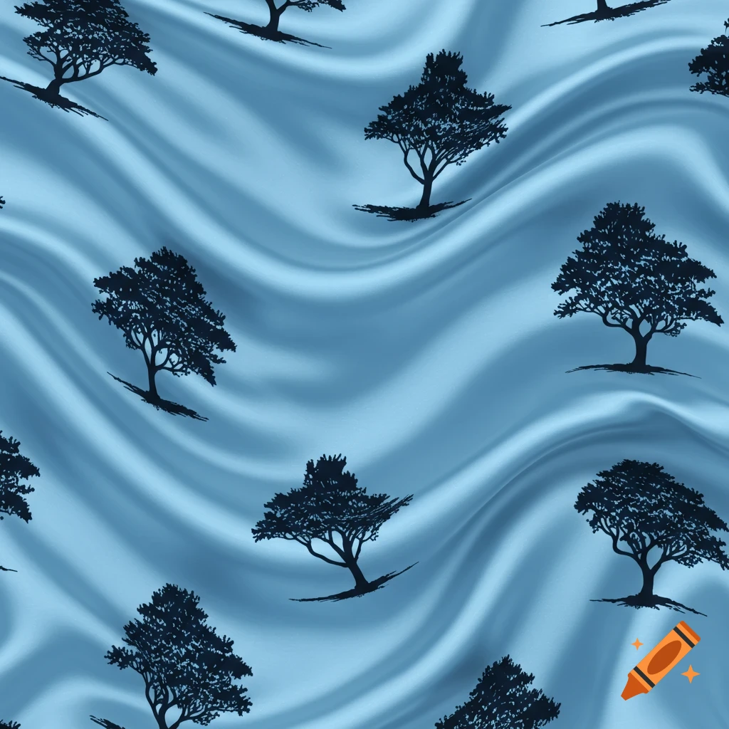 A repeating pattern of black tree silhouettes on a wavy sky blue silk fabric.