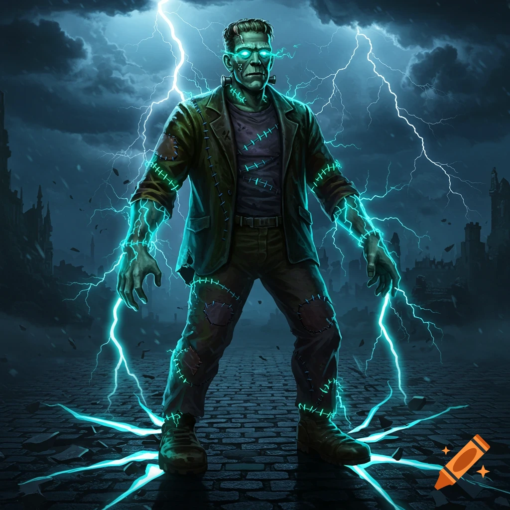 An illustrative depiction of Frankenstein's monster standing in a dark, stormy setting, glowing with electric energy.