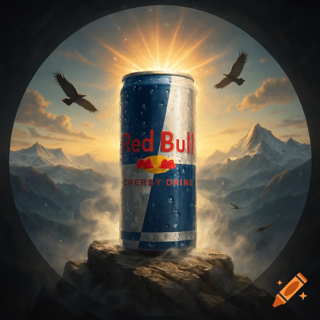 A chilled Red Bull can sits on a rock on a mountain peak at sunrise, with eagles soaring against a golden sky, framed in a circle.