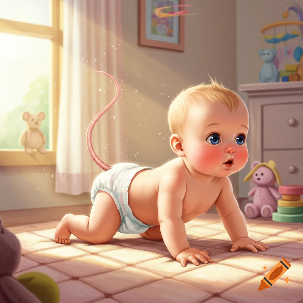A cute baby with a pink mouse tail crawls on a tiled floor in a sunlit room filled with toys.