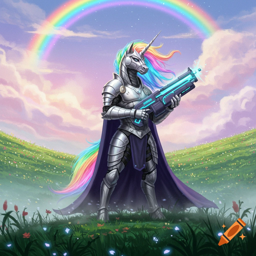 A majestic unicorn in silver armor with rainbow mane and tail stands in a field holding a glowing sci-fi gun under a vibrant rainbow.