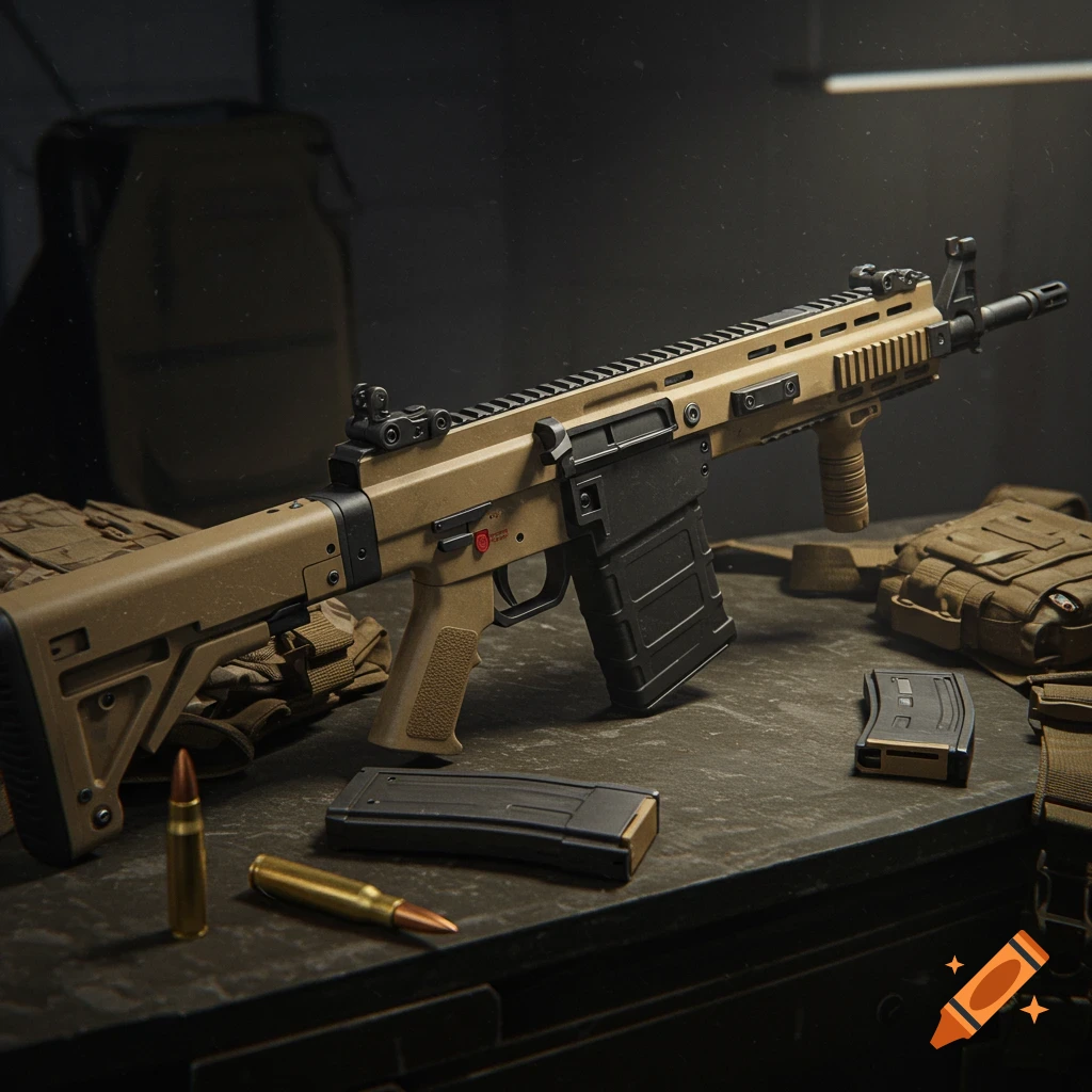 A detailed, photorealistic image of a tan SCAR assault rifle with a black magazine, ammunition, and military gear on a dark table.