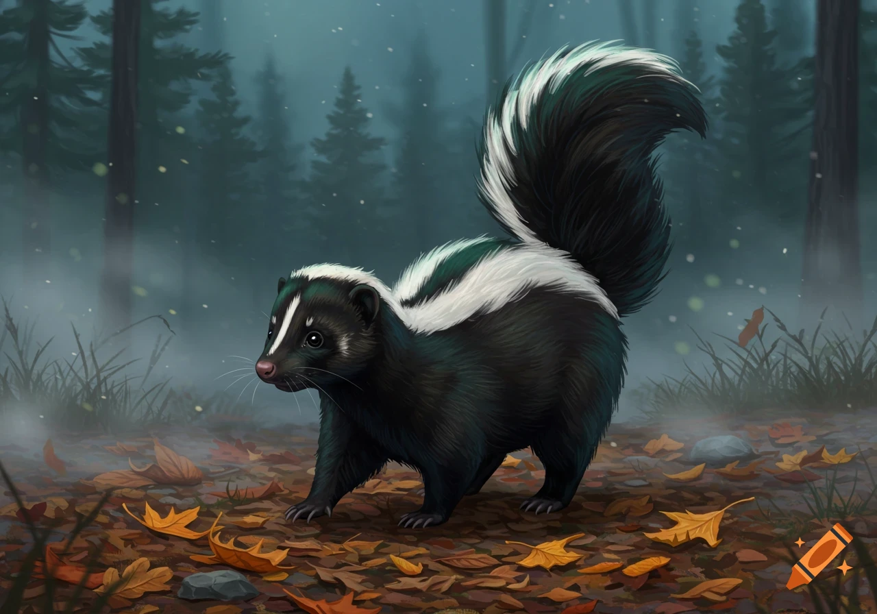 A skunk with black fur and white stripes walks through a misty forest, with autumn leaves scattered on the ground.