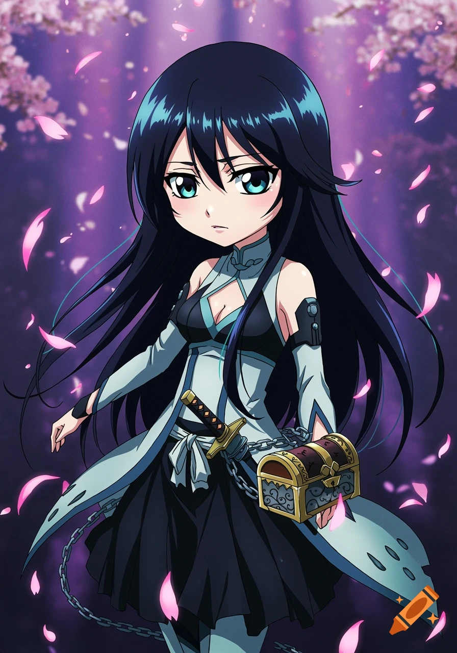 An anime girl with long black hair and blue eyes, wearing a white and black outfit, holding a chained treasure chest with a sword at her hip, against a purple background with falling cherry blossoms.