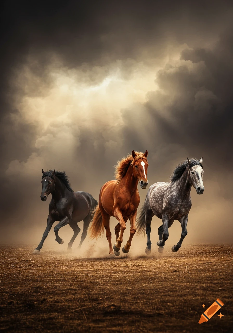 Three horses, one black, one brown, and one dappled gray, gallop through a dusty field under a dramatic, cloud-filled sky with rays of light breaking through.