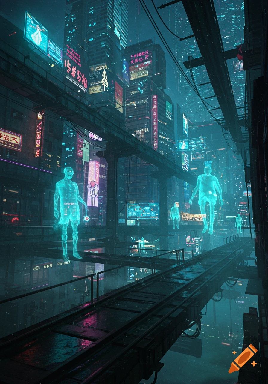 A dark cyberpunk cityscape with glowing neon signs and holographic figures on elevated walkways.