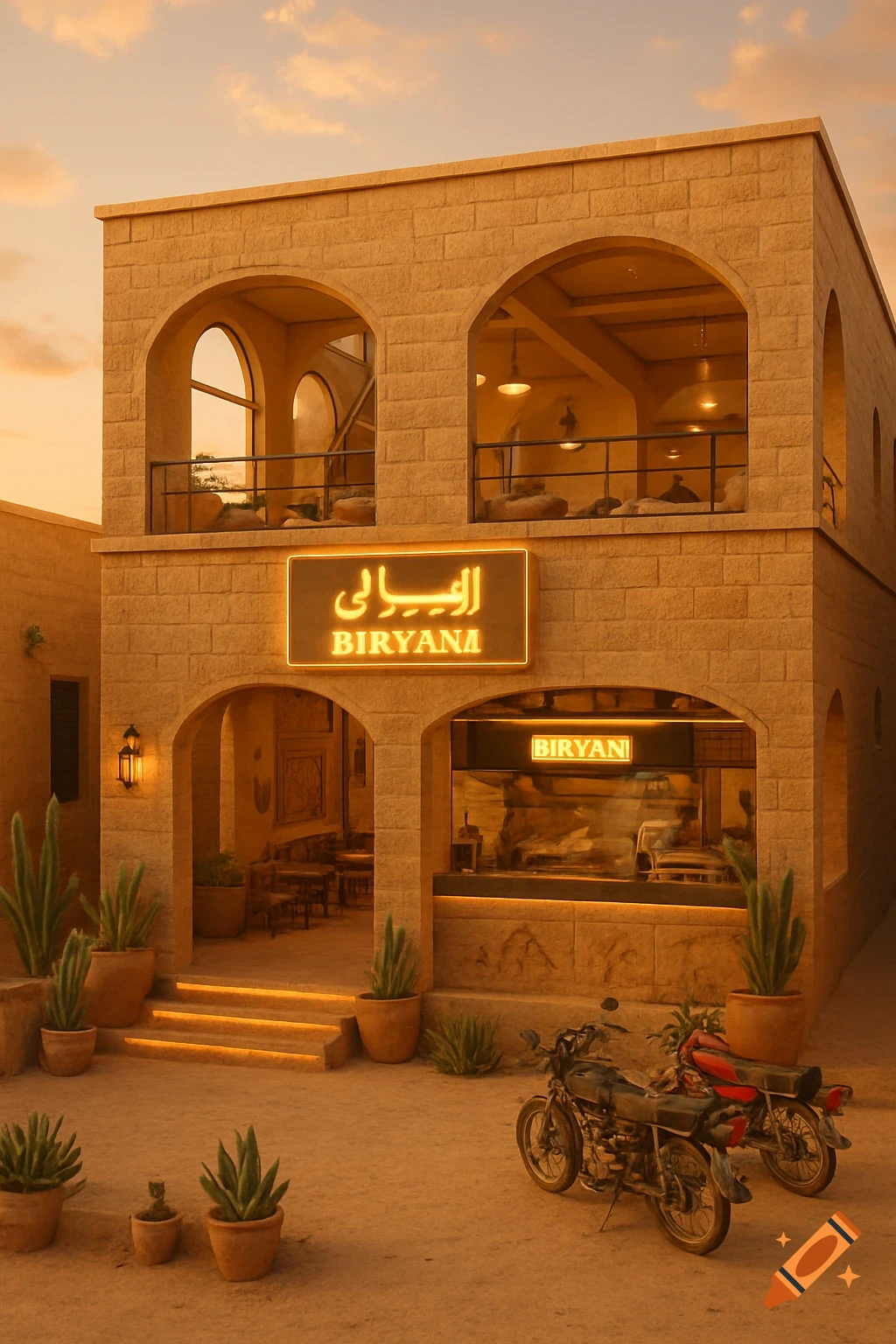 A two-story biryani restaurant with sandstone walls and arched windows at sunset, featuring a glowing 'BIRYANA' sign, potted cacti, and two motorcycles parked outside.