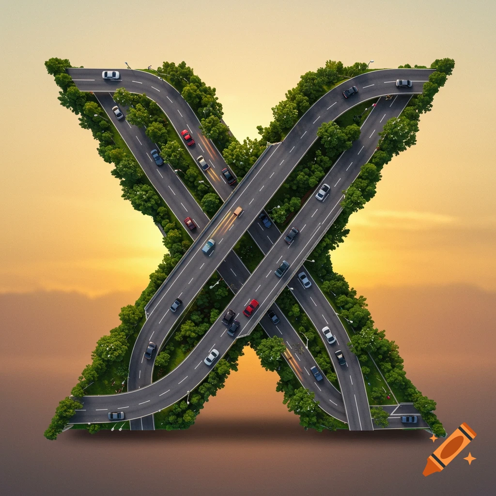 Photorealistic aerial view of a large letter X formed by green trees and complex highway roads with cars, under a sunset sky.