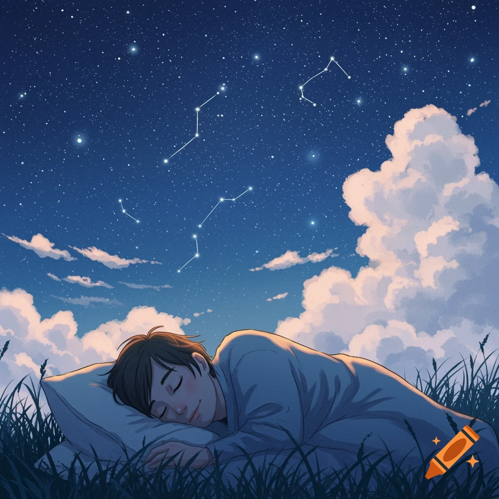 Anime-style person sleeping in a grassy field under a starry night sky with clouds and constellations.