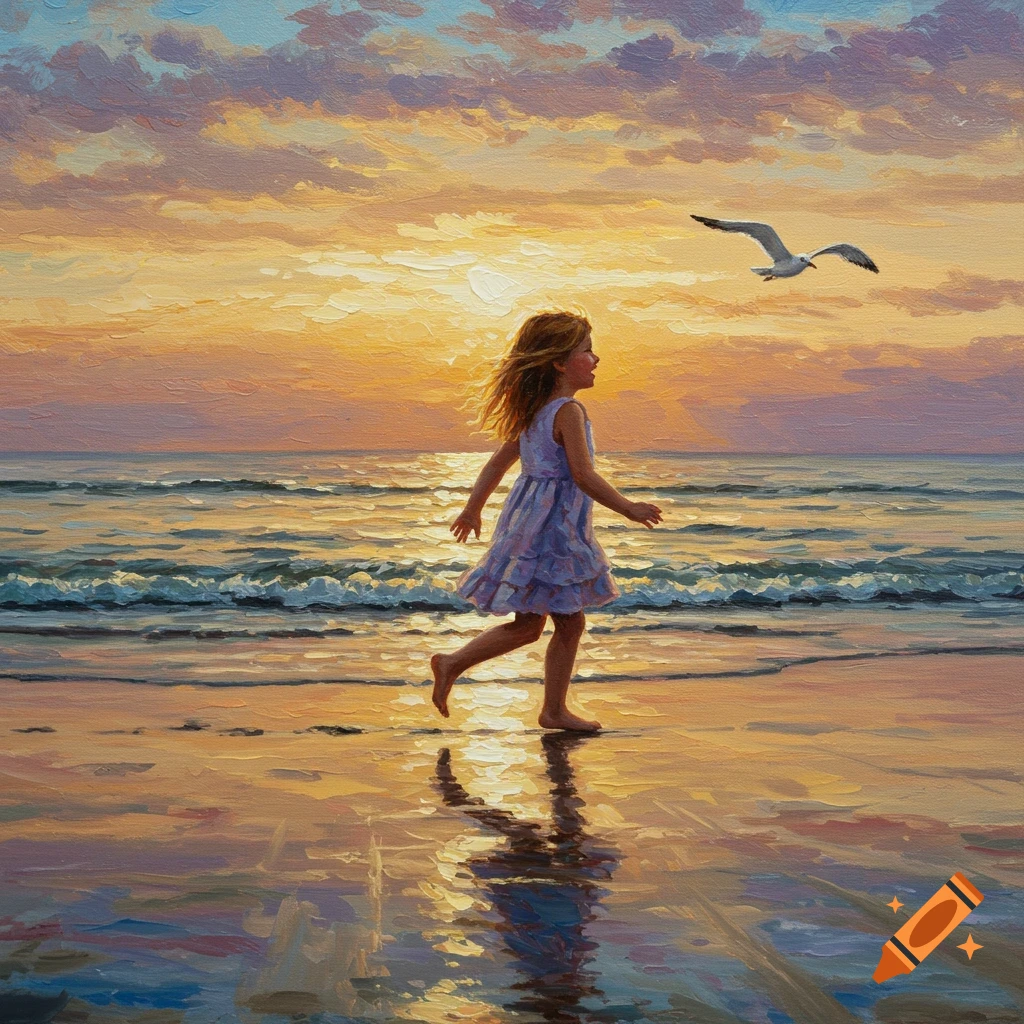 Girl running on a beach after a seagull at sunset, in an oil painting style.