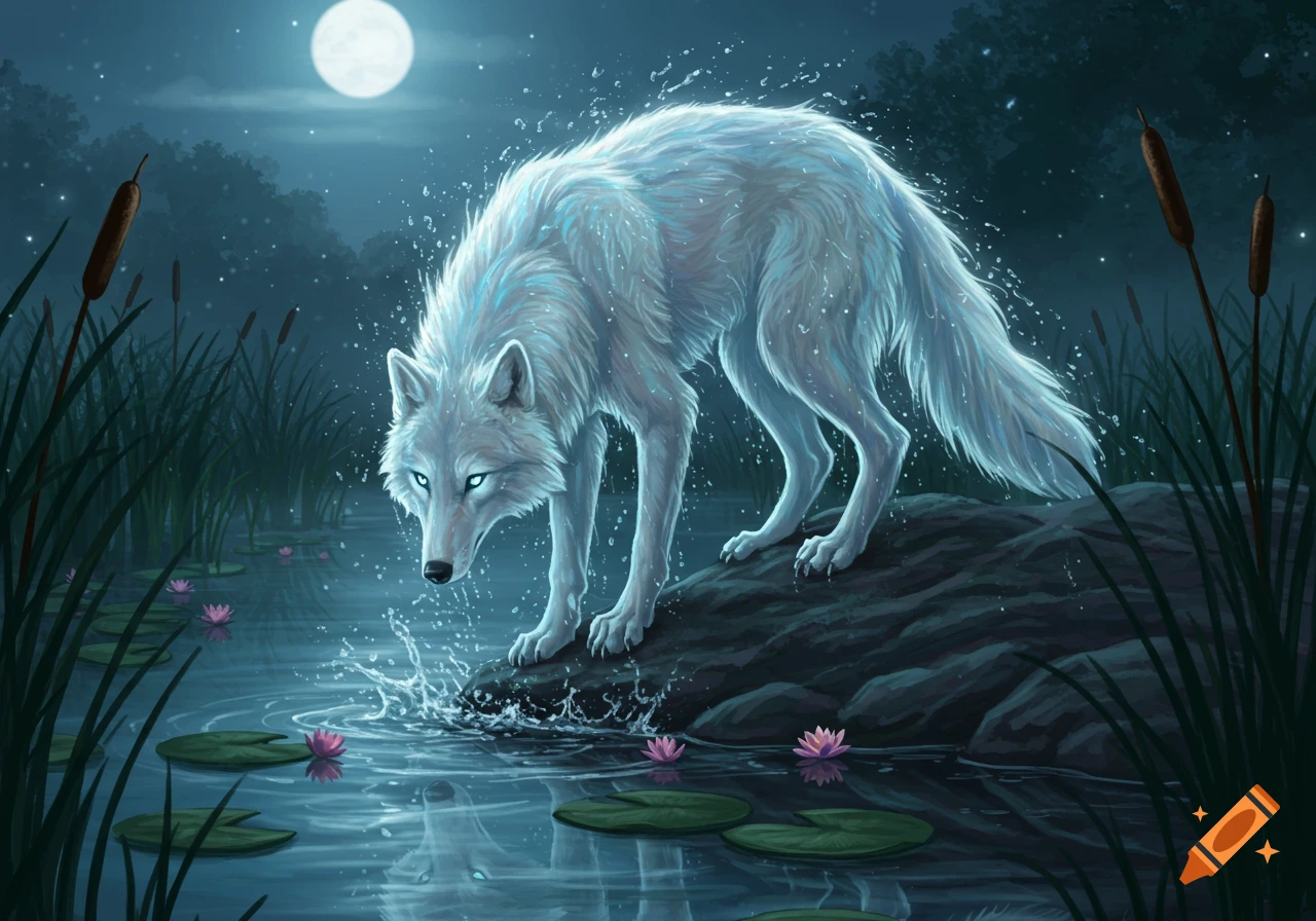 A white wolf with glowing blue eyes steps on a rock in a moonlit pond, surrounded by lily pads and reeds.