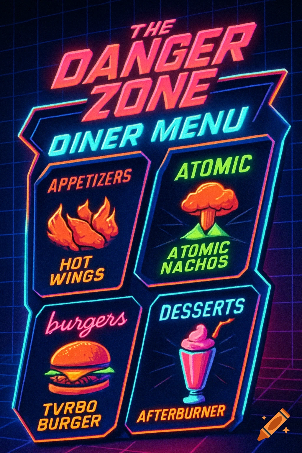 A vibrant neon menu board for 'The Danger Zone Diner' featuring sections for appetizers, burgers, and desserts, in a retro 80s style.