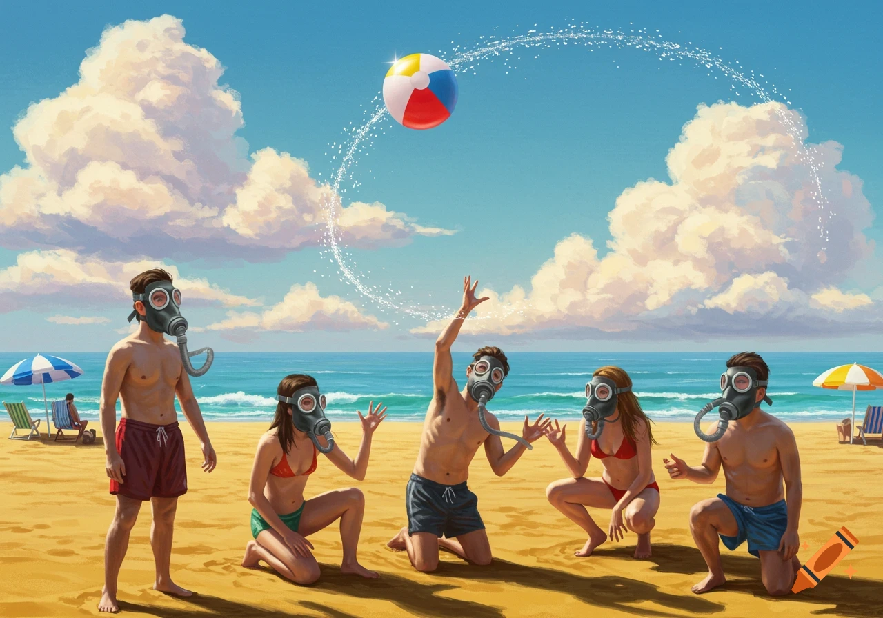 Five people in swimsuits and gas masks play with a beach ball on a sunny beach.