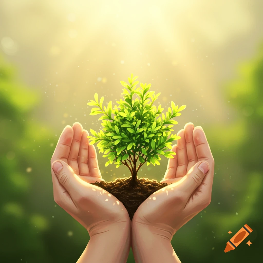 Two cupped hands holding a small green plant with soil, bathed in warm sunlight against a blurred natural background.