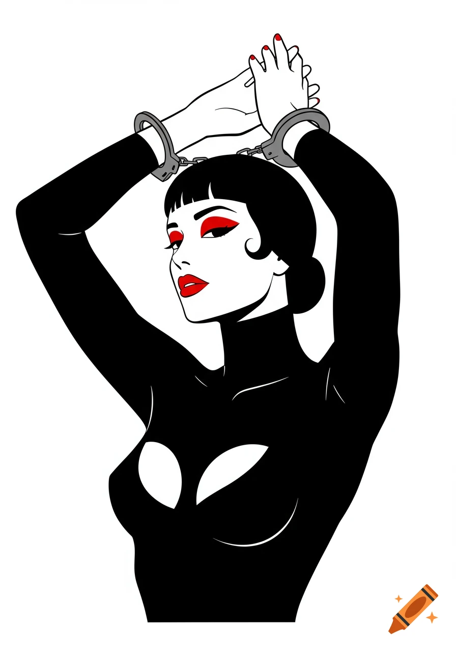 A stylized illustration of a woman in a black outfit with red makeup and nail polish, her hands cuffed above her head, in the distinct high-contrast style of Patrick Nagel.