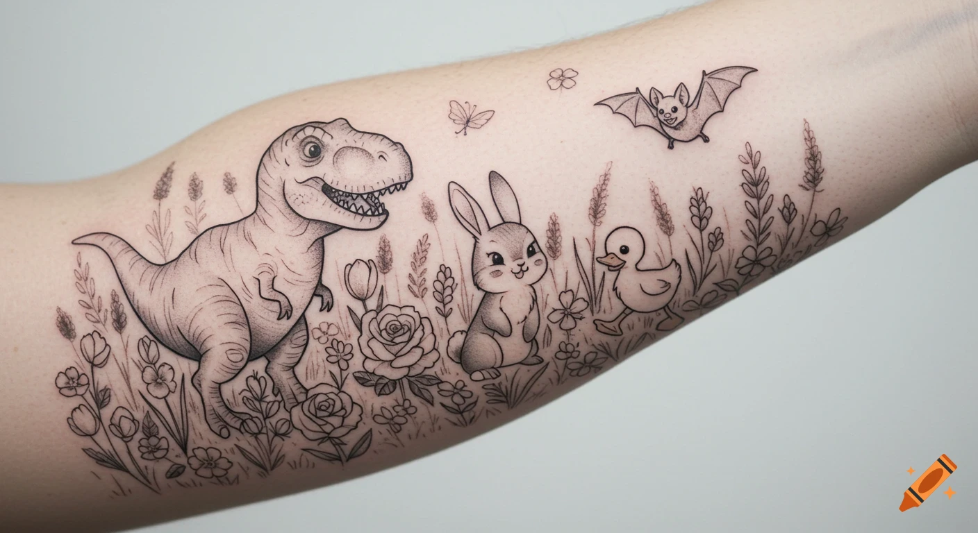 Black and gray forearm tattoo of a happy T-Rex, bunny, duckling, and bat in a meadow with flowers.