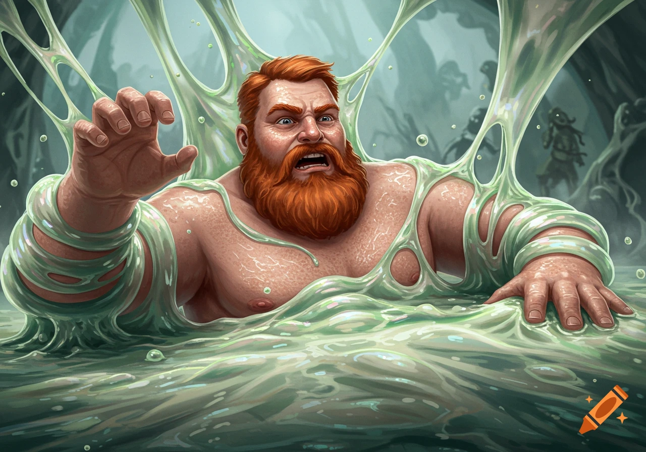 A red-bearded, chubby man struggles to escape a pool of light green, viscous slime, with shadowy figures in the background.