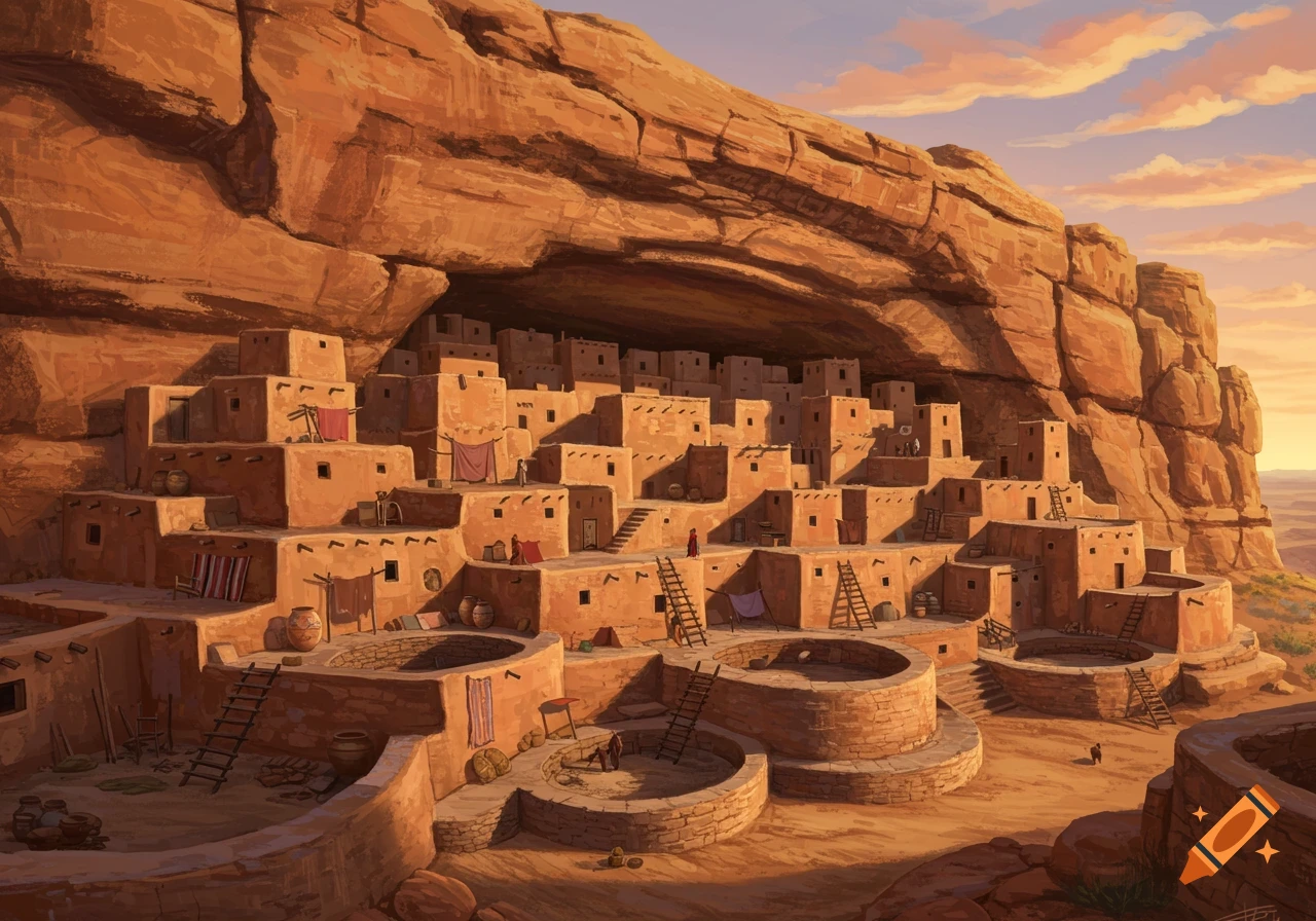 A detailed painting of an ancient Pueblo village with adobe dwellings built into a massive desert cliff at sunset.