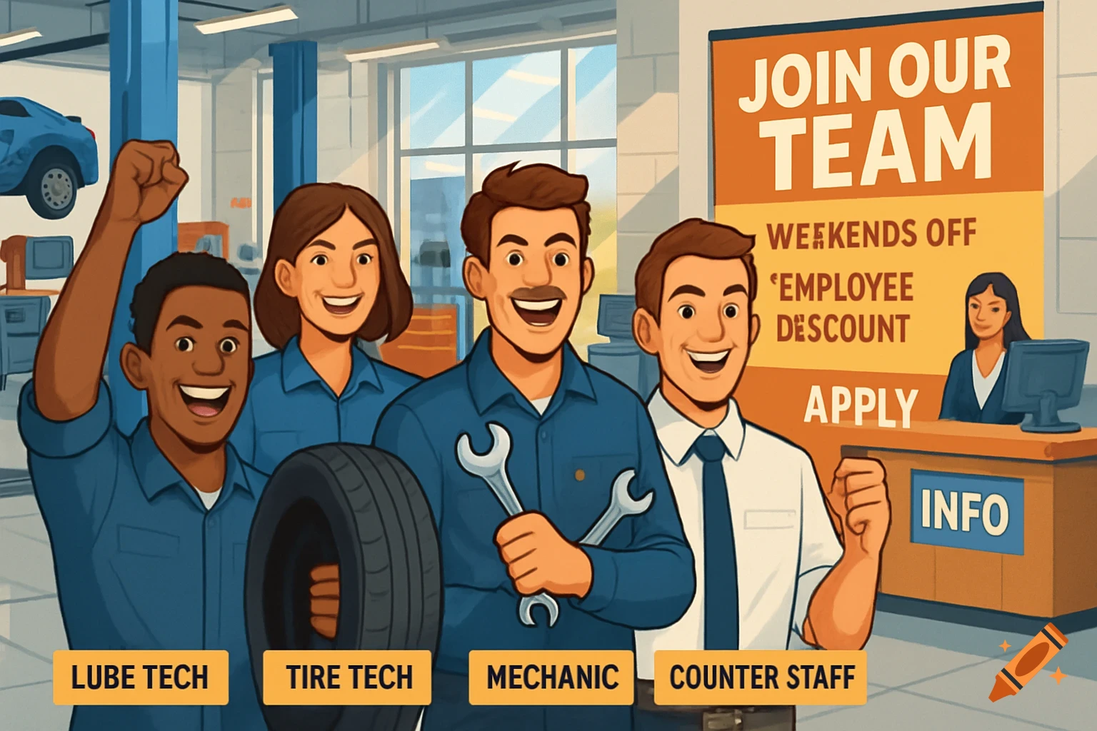 An illustration of five diverse auto shop employees smiling, with job titles at the bottom and a "Join Our Team" hiring sign in the background.