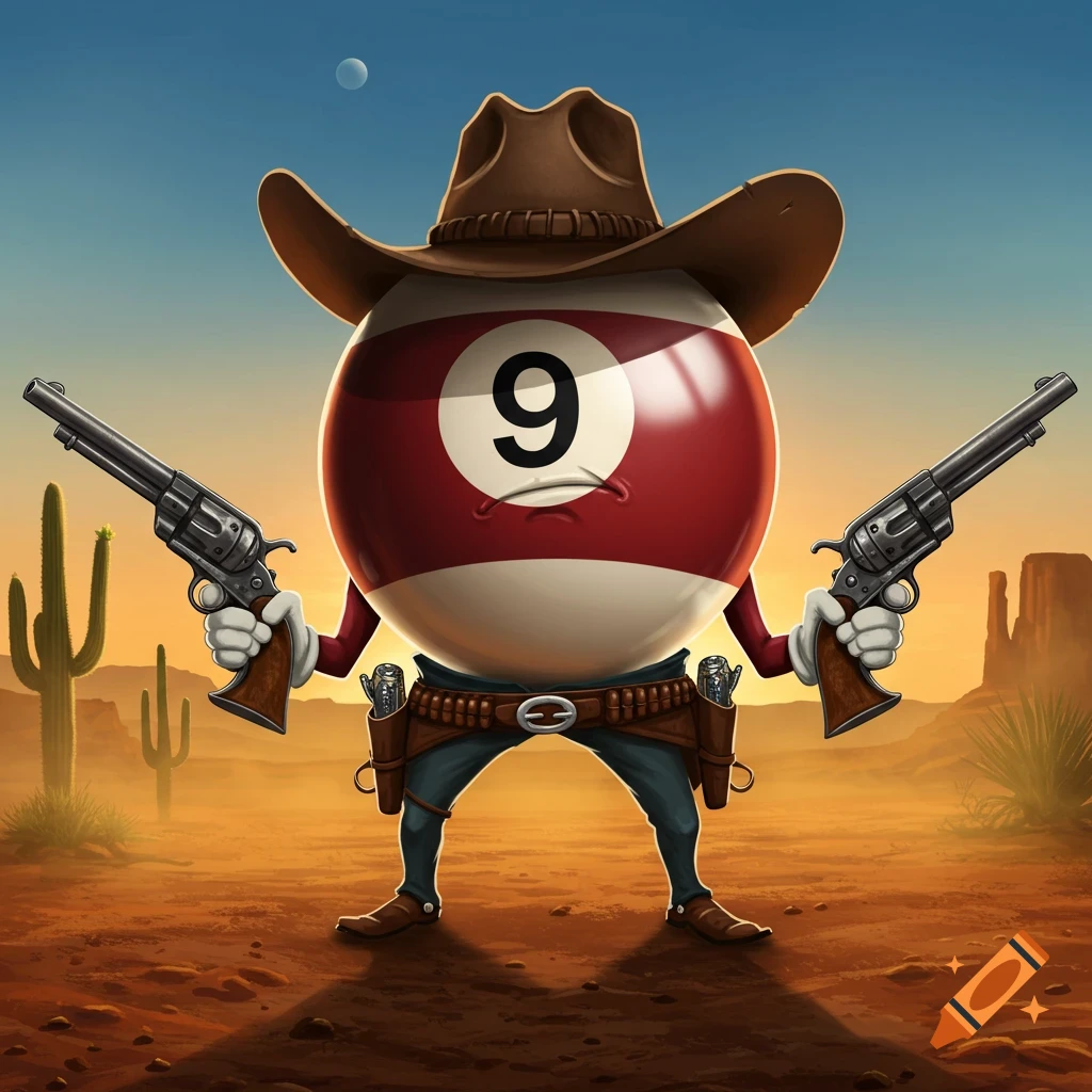 A cartoon red and white 9-ball character wearing a cowboy hat and holding two revolvers, standing in a desert landscape.