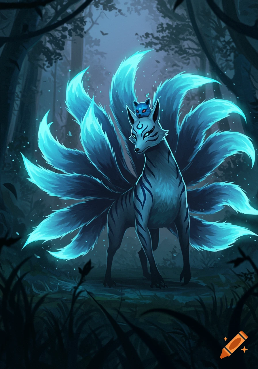A glowing nine-tailed Kitsune with blue eyes and markings stands in a dark forest with a small blue creature on its head.