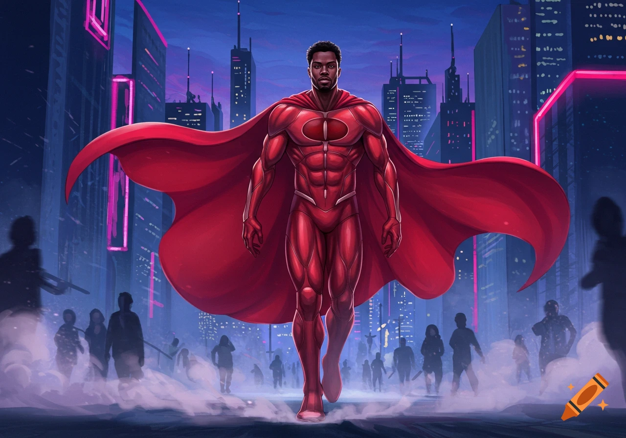 An African American superhero in a red suit and flowing cape walks through a futuristic, neon-lit city at night, in a comic art style.