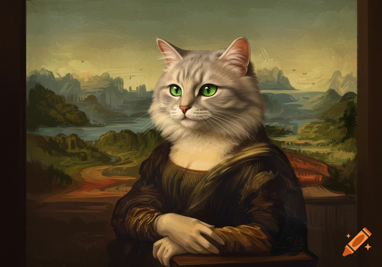 A fluffy grey cat with green eyes, dressed in renaissance attire, replacing the subject in a painted parody of the Mona Lisa.