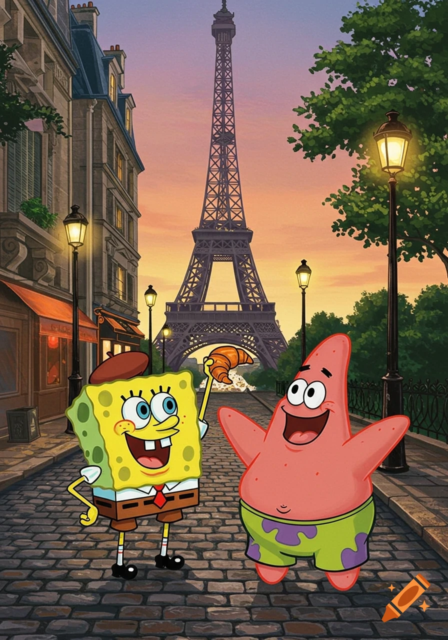 Spongebob and Patrick in Paris, with the Eiffel Tower in the background, in a cartoon style.