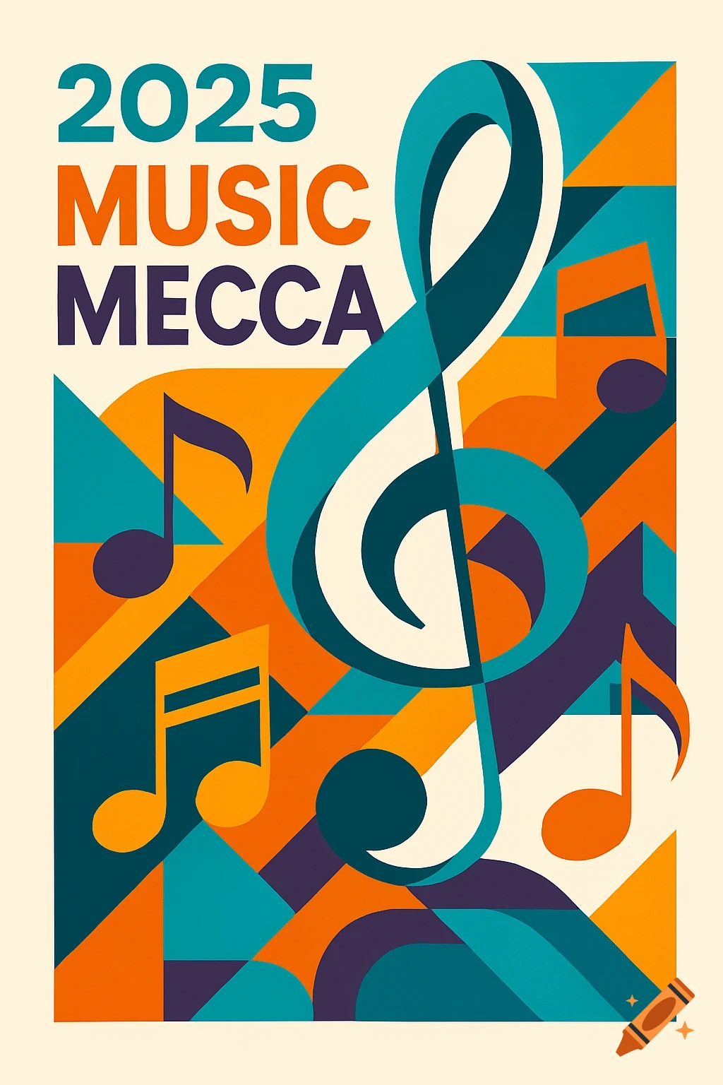 A colorful geometric poster with a large teal treble clef, orange and purple music notes, and the text '2025 MUSIC MECCA'.