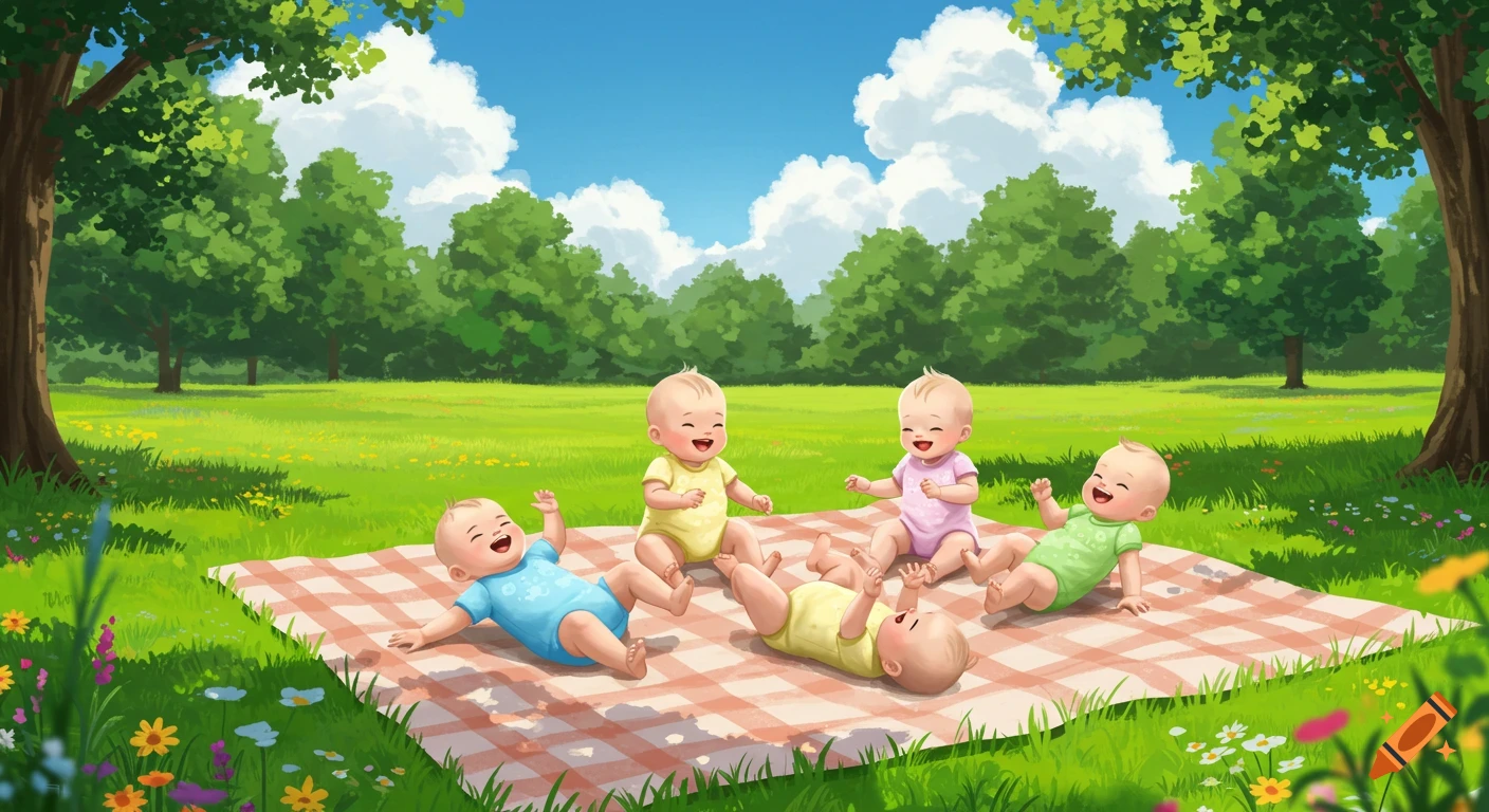 Happy babies playing on a picnic blanket in a sunny green park. Cartoon illustration.