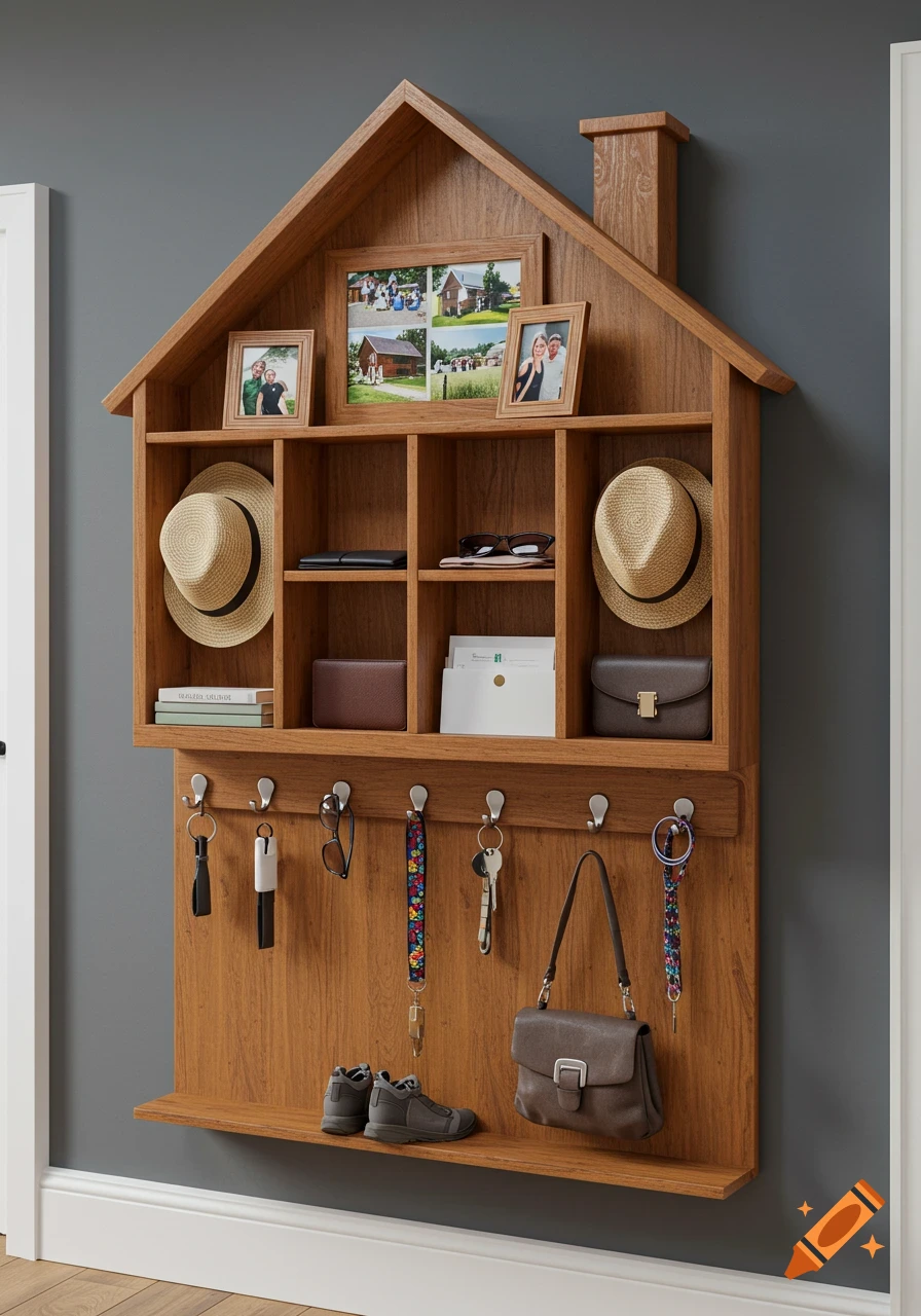 A photorealistic image of a wooden house-shaped hallway organizer with cubbies, hooks, and shelves, holding hats, photos, keys, a purse, and other personal items against a gray wall.