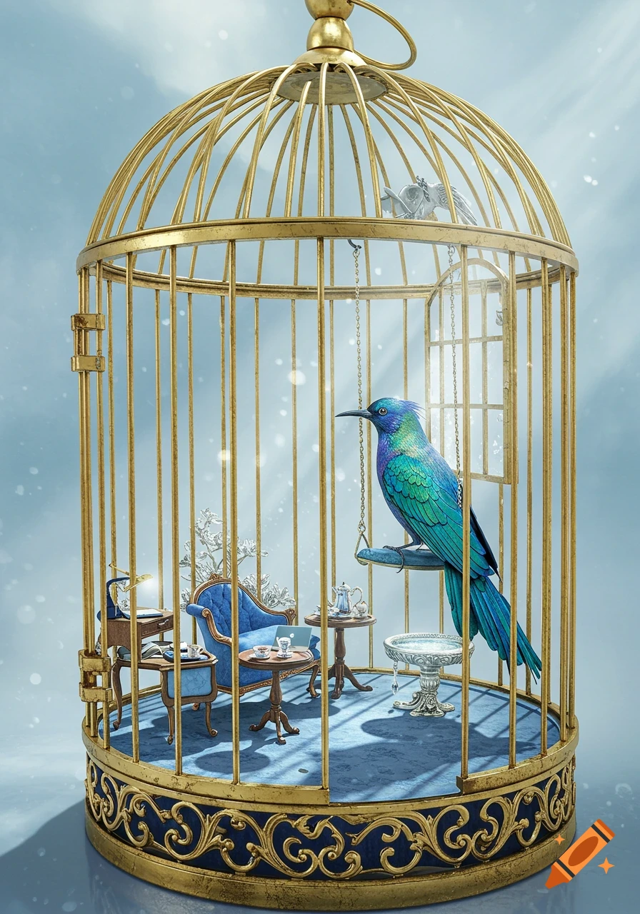 An iridescent blue and green bird sits on a perch inside a large, ornate golden birdcage, which contains miniature furniture like a blue chaise lounge and a tea set.