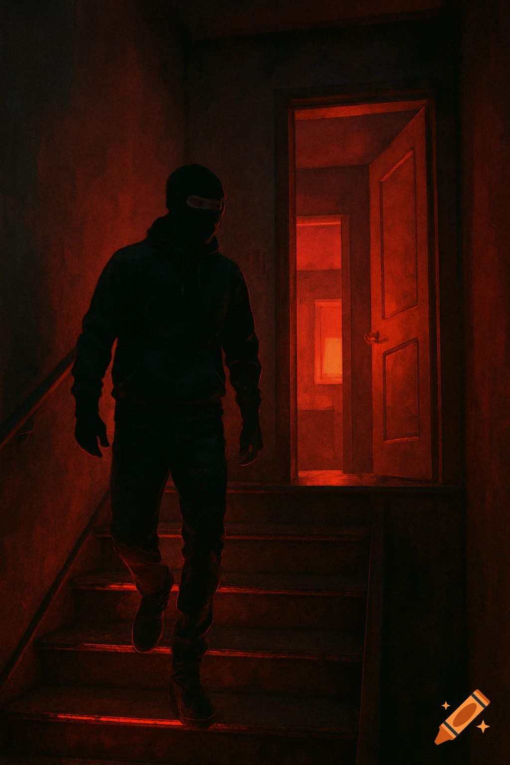 A silhouetted person wearing a ski mask descends dimly lit stairs in a dark, red-hued hallway with an open doorway leading to another red-lit room.