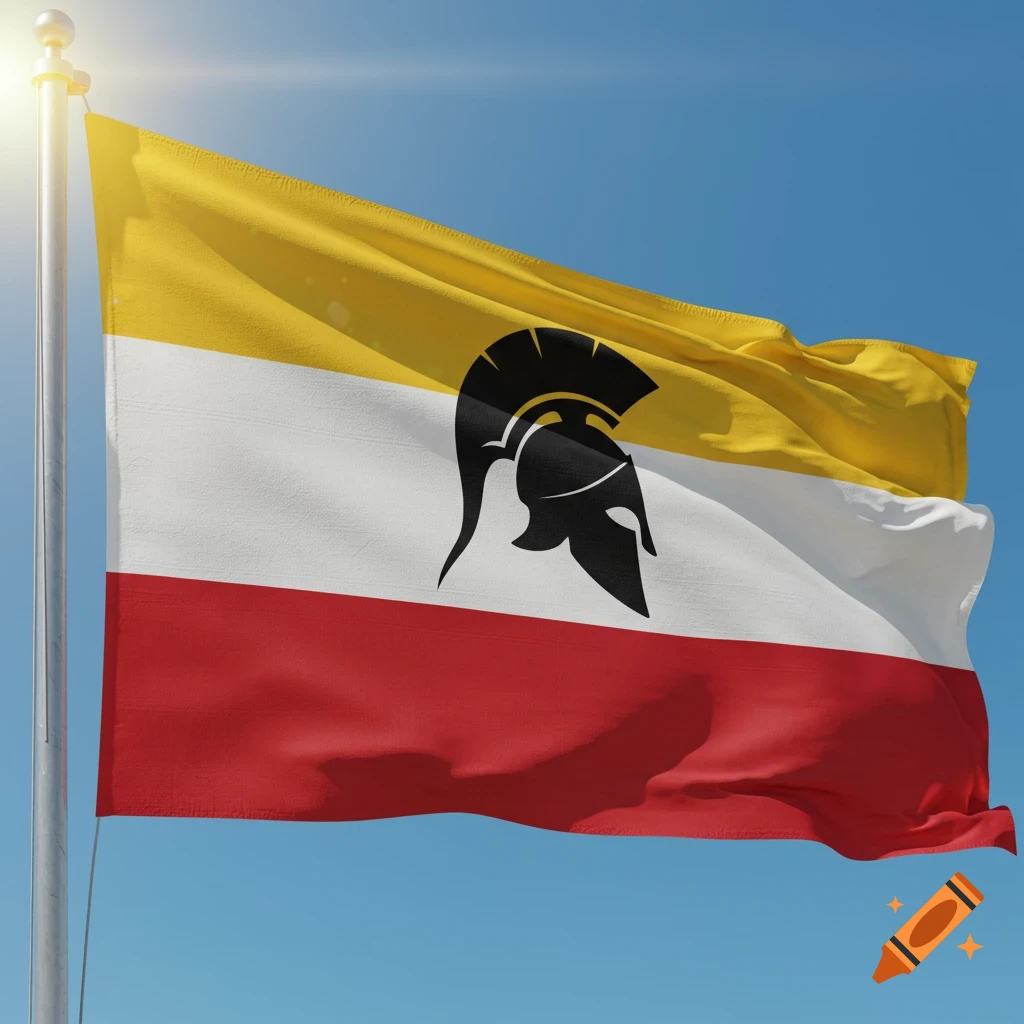 A flag with gold, white, and red horizontal stripes featuring a black silhouette of a Trojan helmet, flying against a clear blue sky.