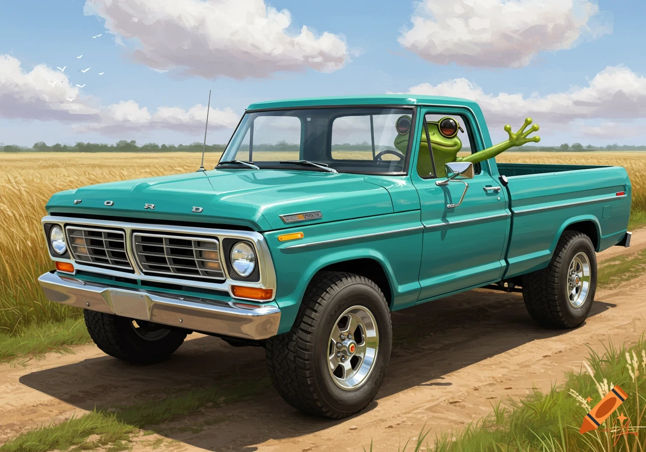 A cool green frog wearing sunglasses drives a classic teal Ford pickup truck down a dirt road through a golden field under a blue sky.