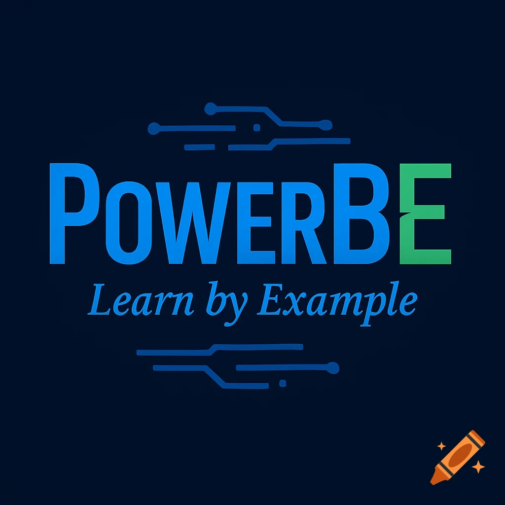 A blue and green logo with the text 'POWERBE' and 'Learn by Example' on a dark blue background, with circuit-like lines.