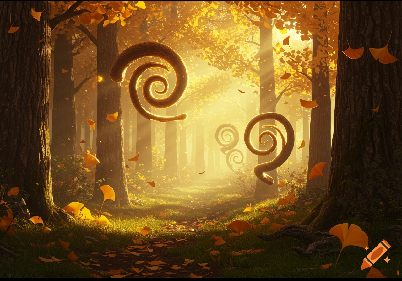 A sunlit fantasy autumn forest scene with golden leaves, shafts of light, and glowing spiral shapes floating through the trees.