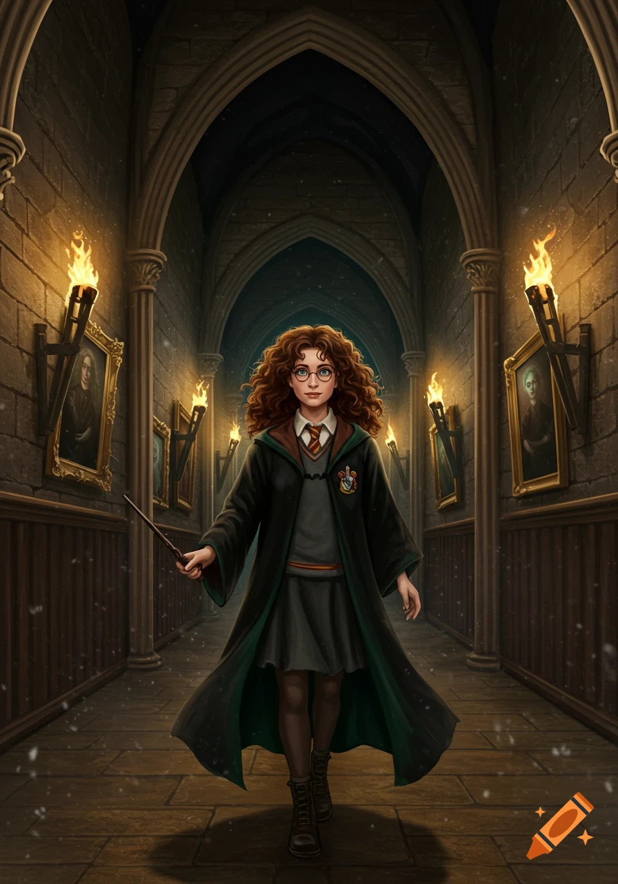 A young witch, resembling Hermione Granger, walks through a dark, torch-lit stone hallway in a digital illustration.