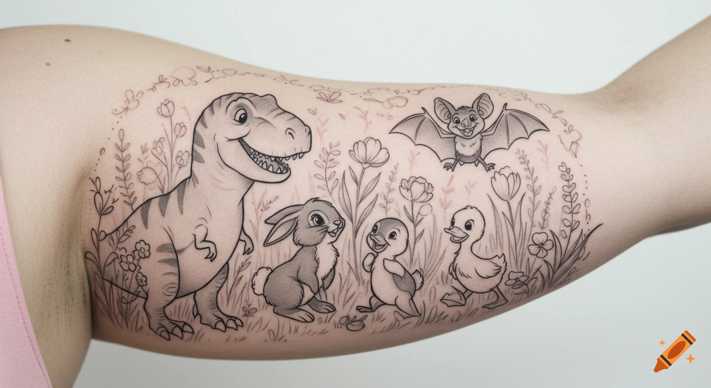 Black-and-grey tattoo on an arm showing a whimsical scene with a T-Rex, bunny, bat, and two ducklings in a field of flowers.