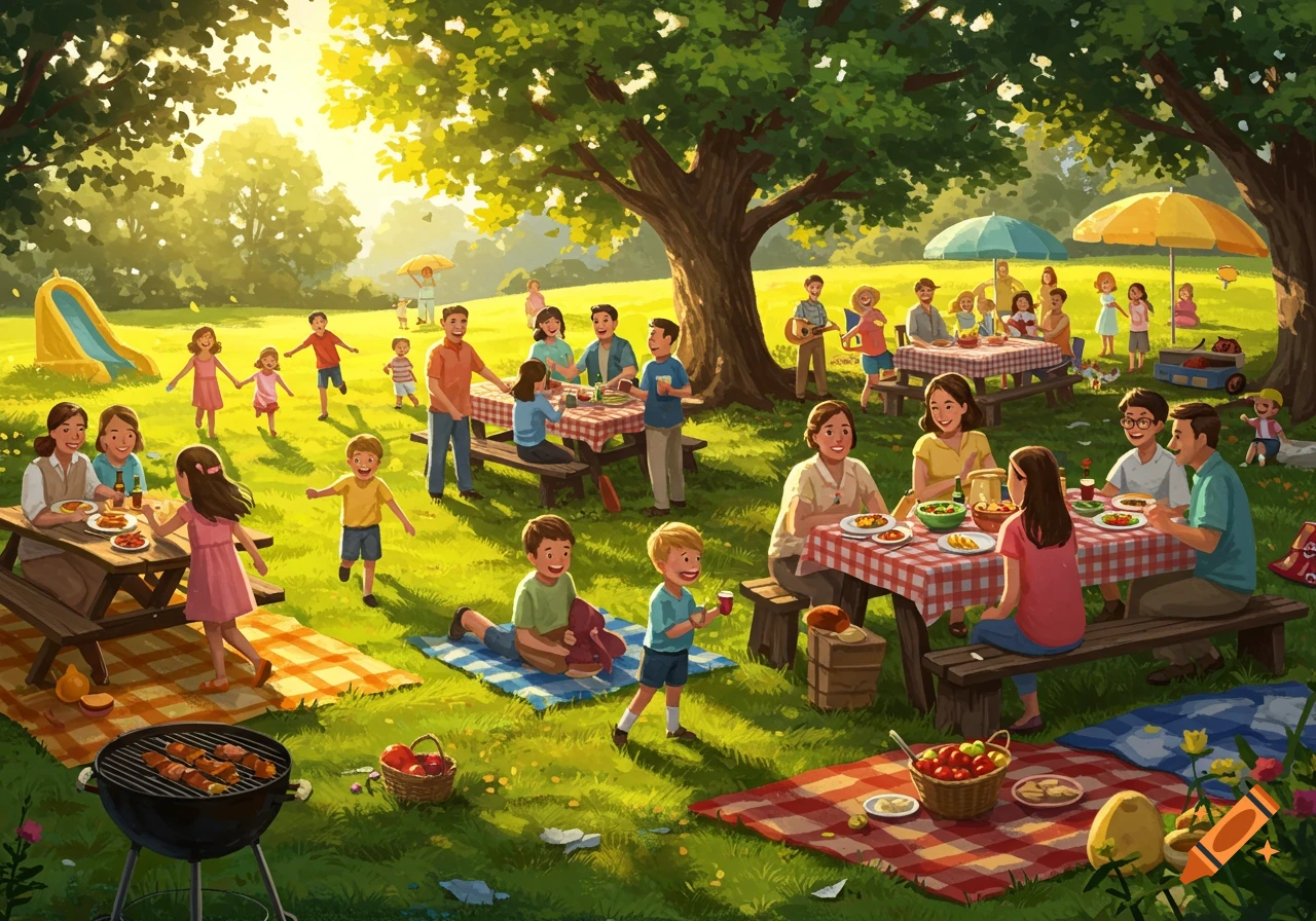 A large, diverse family enjoys a sunny picnic in a park, with adults eating at tables and children playing on the grass. Illustrated style.