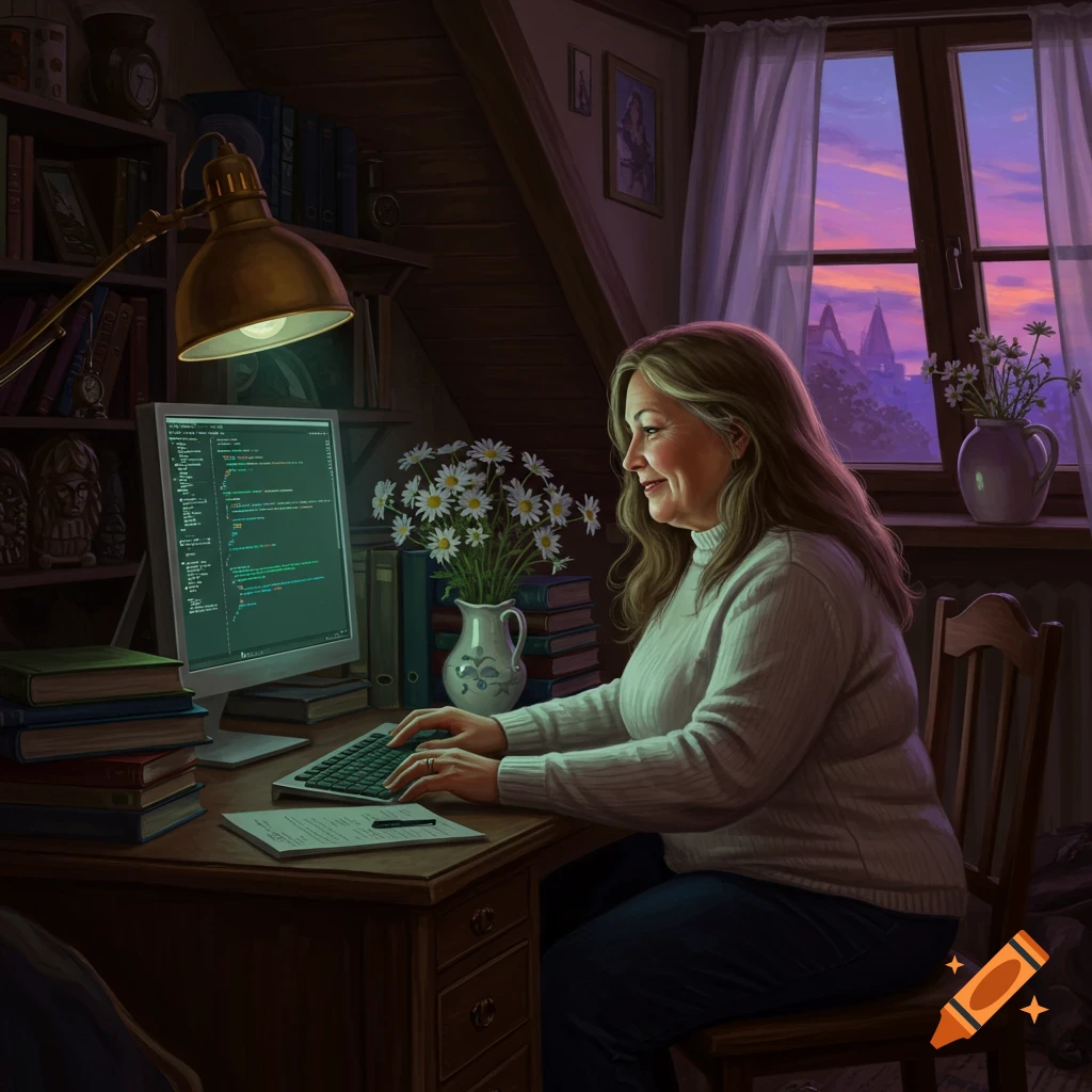 An older woman with shoulder-length hair smiles while programming on a desktop computer in a cozy attic room at dusk.