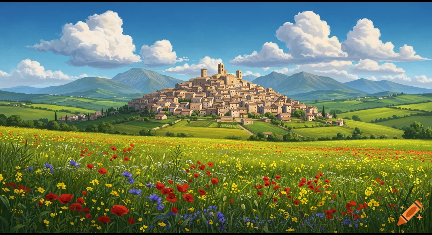 Vibrant illustration of an Italian hilltop village amidst rolling fields of poppies, violets, and yellow wildflowers.