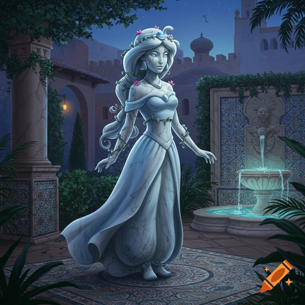 A marble statue of Princess Jasmine with vines and flowers stands in a serene, moonlit palace garden with a fountain.