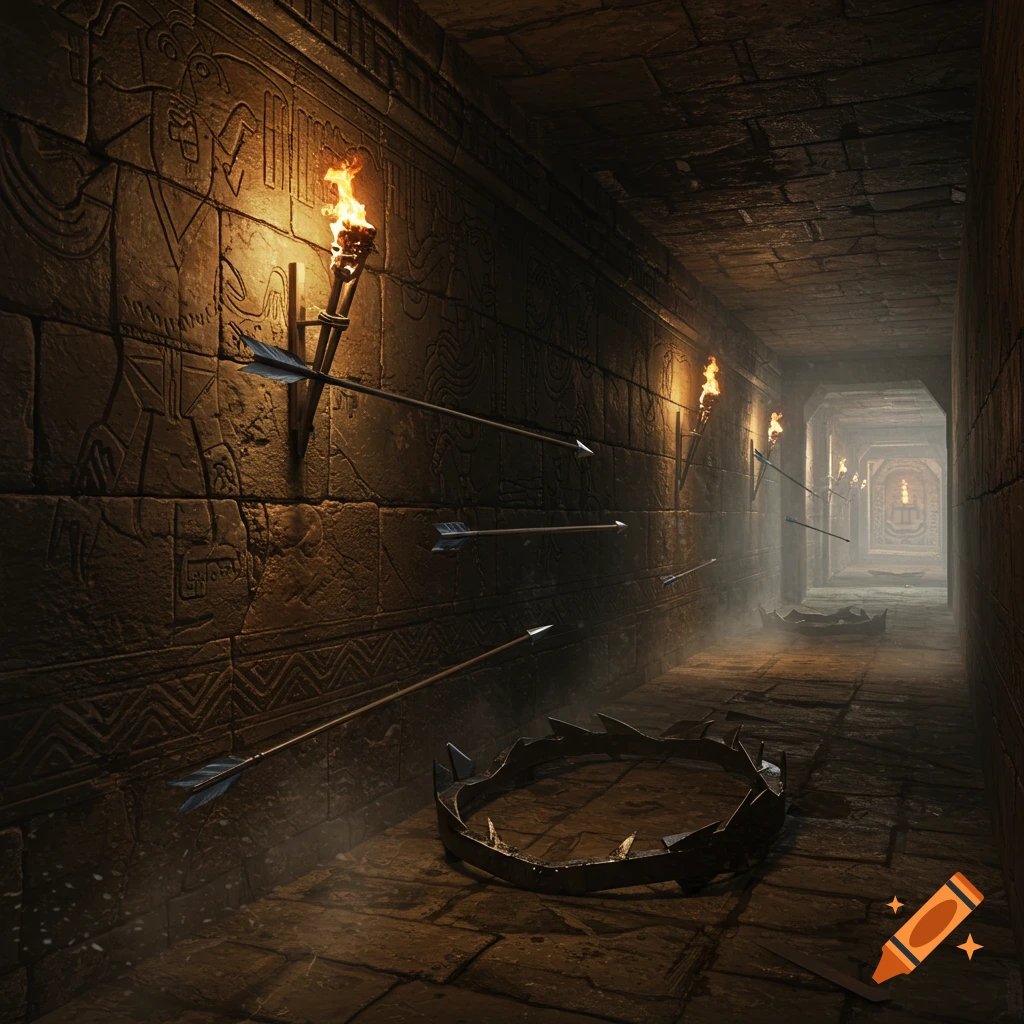 A dark, torch-lit stone dungeon corridor with ancient carvings, arrows in walls, and a large metal trap on the floor.