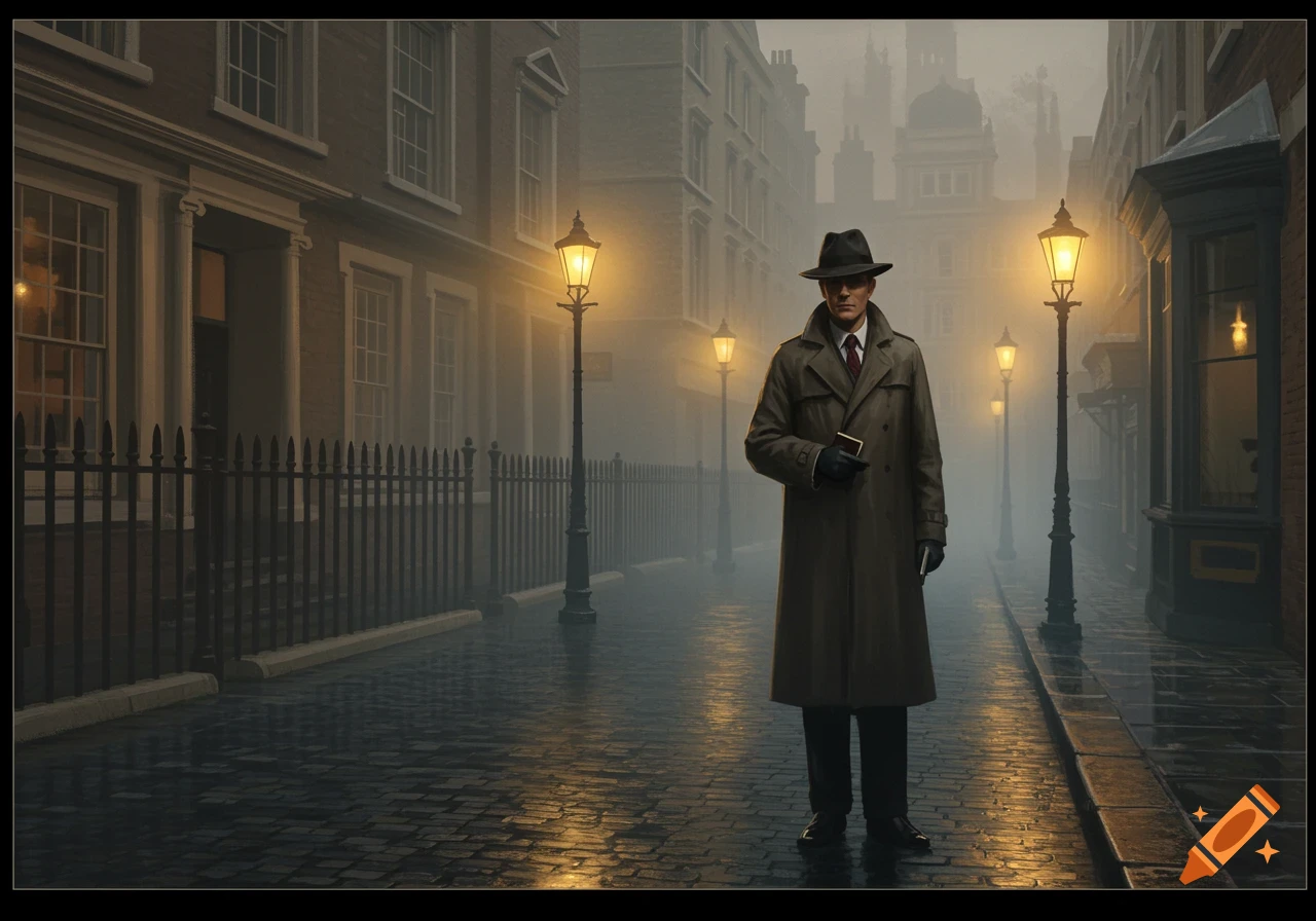 A man in a trench coat and fedora stands on a foggy, gas-lit cobblestone street in London.