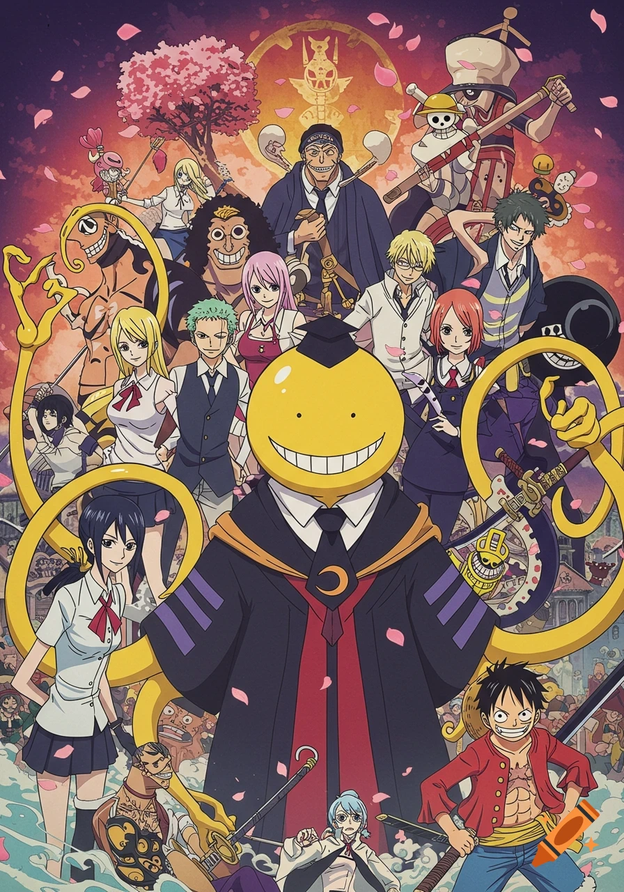 Anime characters from Assassination Classroom and One Piece, including Koro-sensei, grouped dynamically with cherry blossoms and a sunset sky.