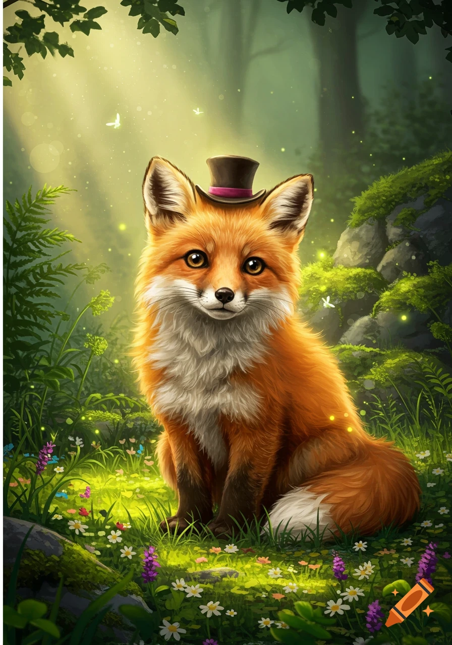 A cute fox wearing a small top hat sits in a vibrant, sun-dappled forest among wildflowers and glowing light specks.