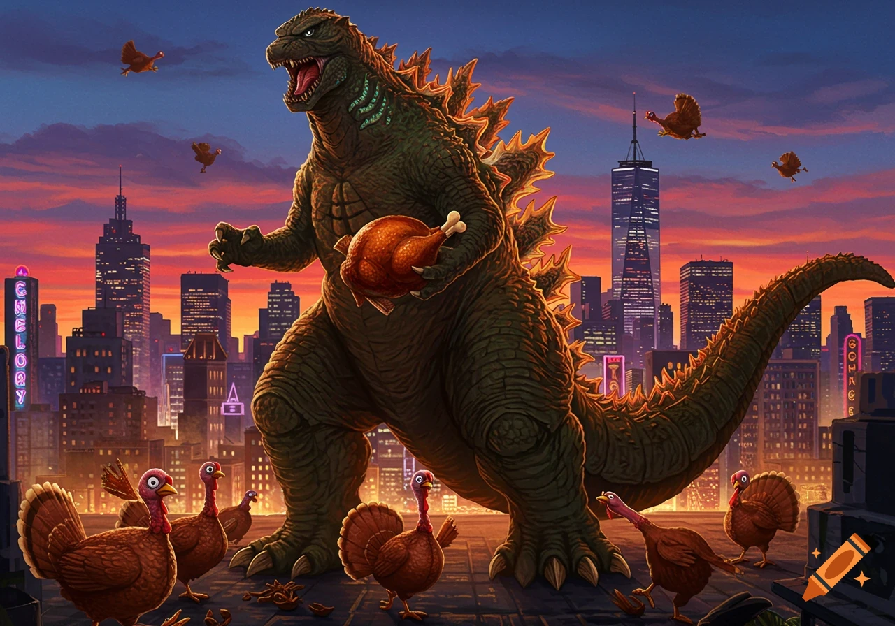 Godzilla, holding a roasted turkey, stands in a city at sunset with live turkeys running and flying around him. Illustrated.