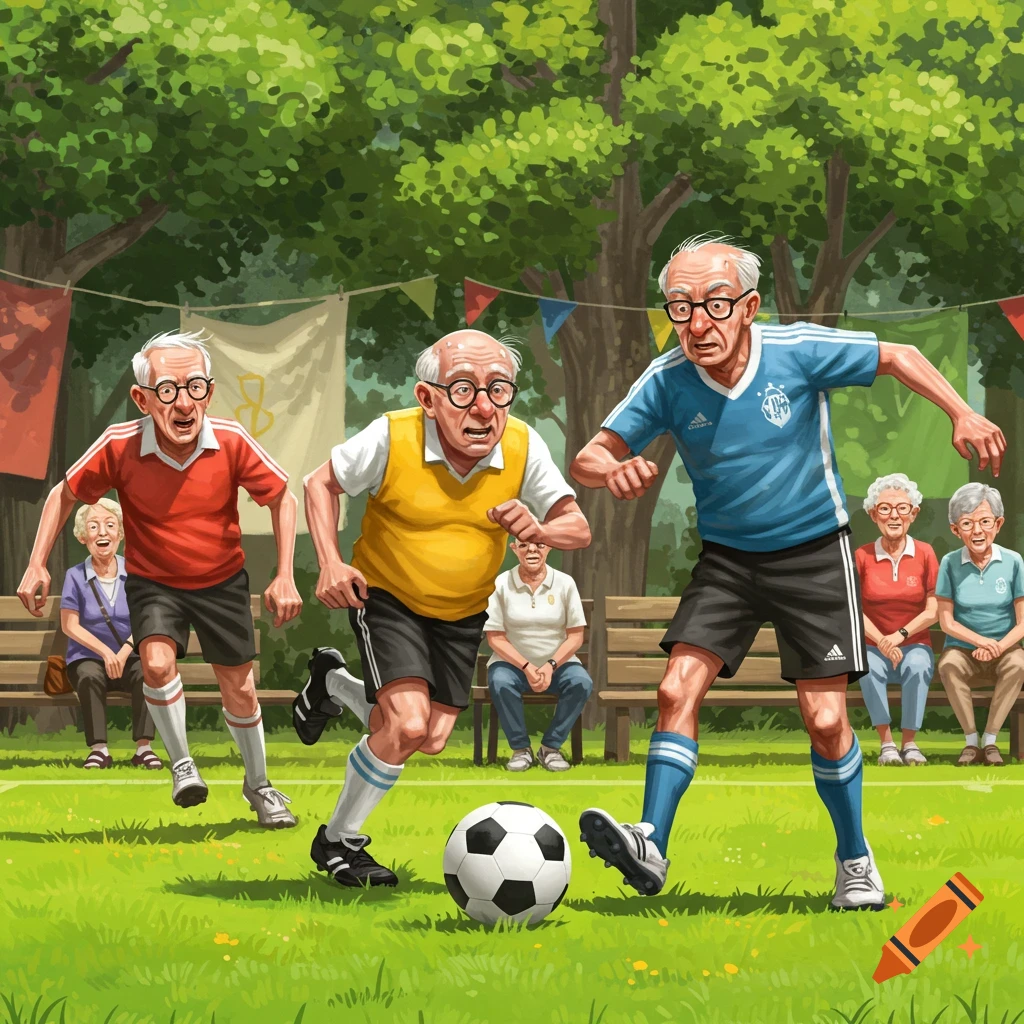 An illustration of elderly men playing soccer on a grassy field in a park, with spectators on benches in the background.