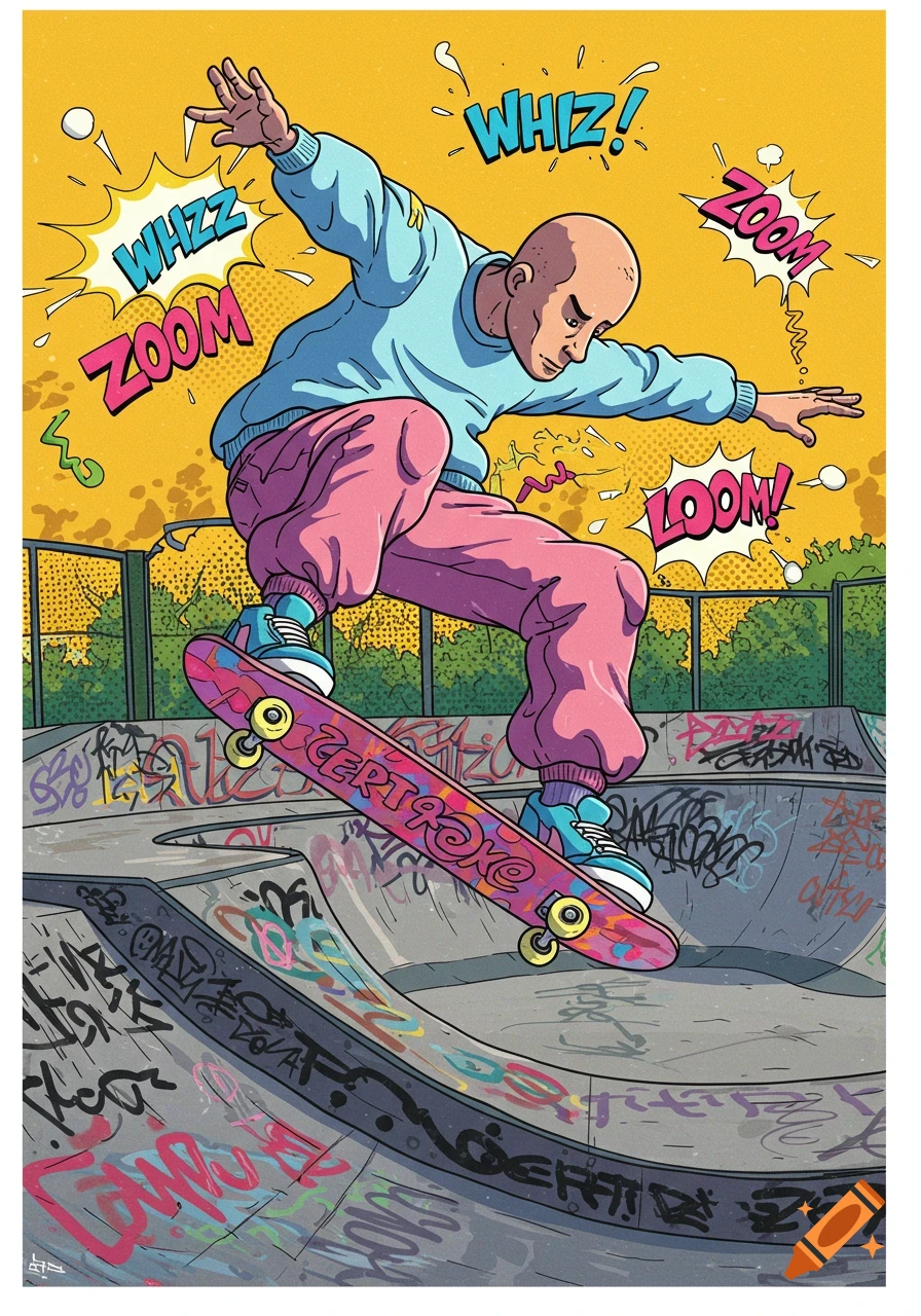 Retro cartoon of a bald skateboarder in baggy clothes performing a trick on a skateboard at a graffiti-filled skate park.